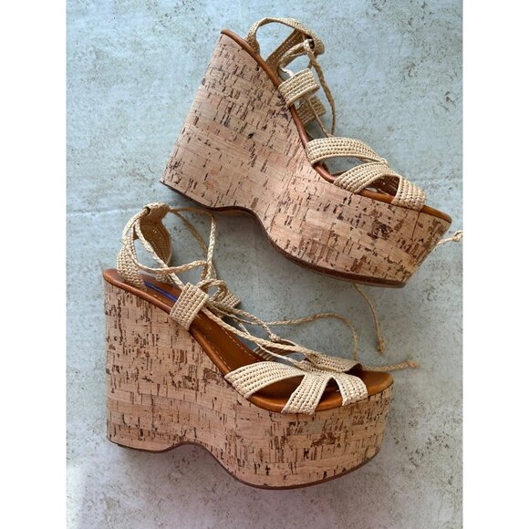 Ralph Lauren Purple Label 39.5 Beige Braided Raffia Wedge Sandals Cork Platform - Picture 3 of 11